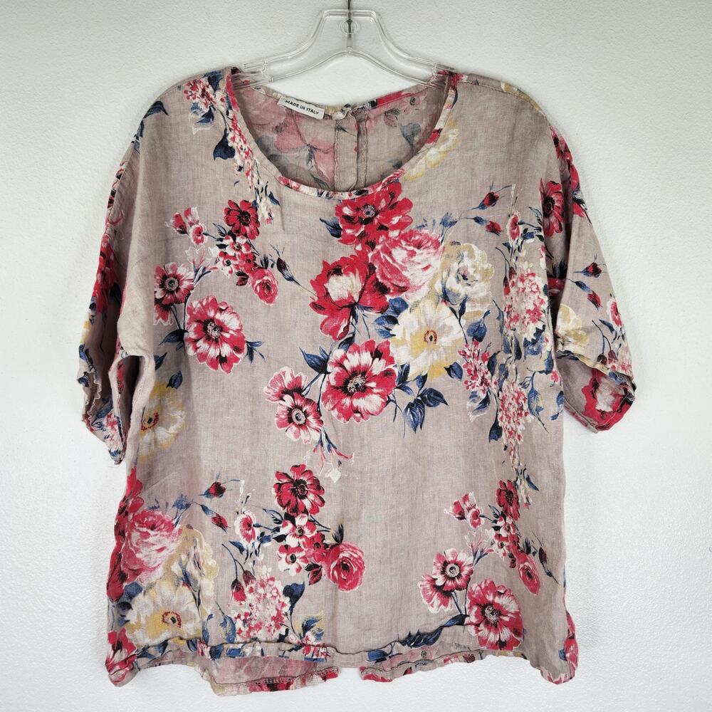 Made in Italy Pink Cream Floral Blouse 100% Linen Women's Small